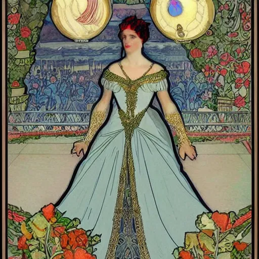 Prompt: president of belarus in beautiful dress. mucha style. epic composition. highly detailed.