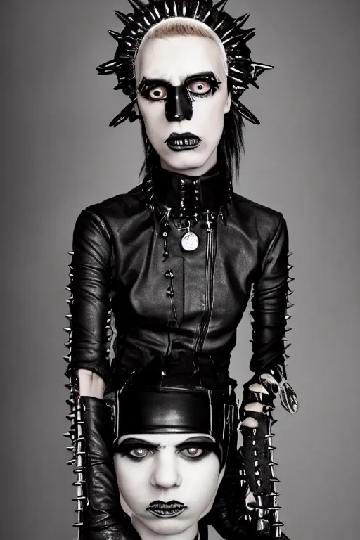 Prompt: a non - binary kenyan teenager in a black leather outfit with spikes on her head, a high fashion character portrait by christen dalsgaard, featured on behance, gothic art, androgynous, genderless, gothic