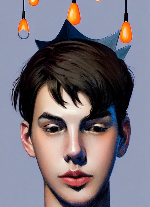 Image similar to portrait of teenage jughead jones wearing a light grey crown, crown, hamburger background, eyes closed, crown, black hair, orange, intricate, elegant, glowing lights, warm lighting, highly detailed, digital painting, artstation, concept art, smooth, sharp focus, illustration, art by wlop, mars ravelo and greg rutkowski