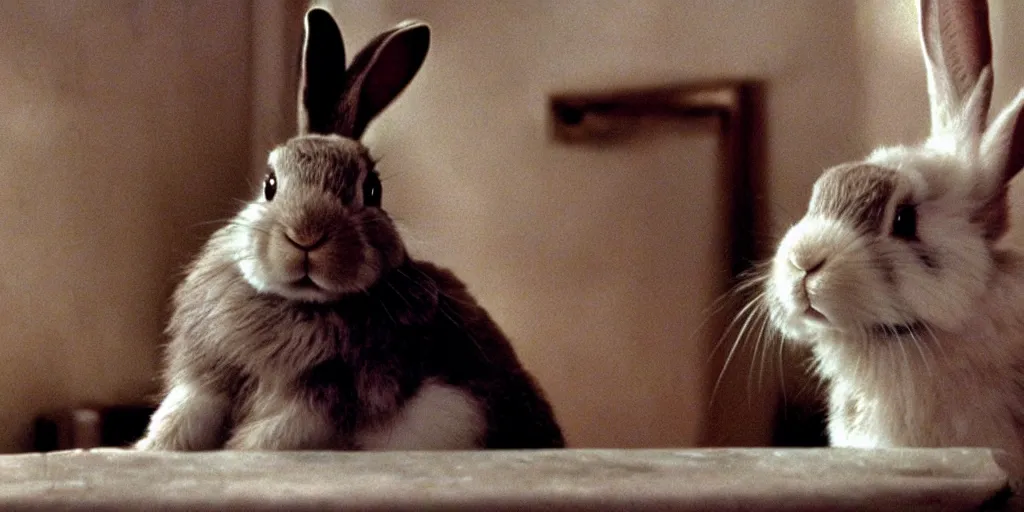 Prompt: a rabbit in the movie cinema paradiso, screenshot