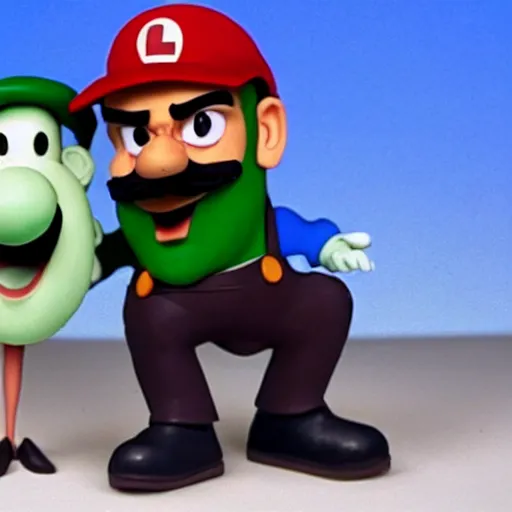 Image similar to beautifully rendered, masterpiece, caricature, claymation, luis guzman as luigi making absurd silly looking faces