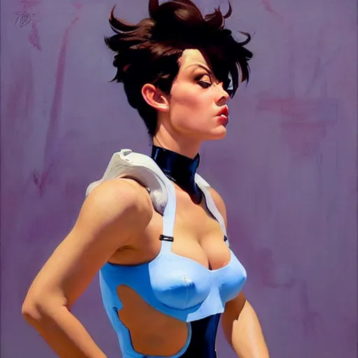 Image similar to greg manchess painting of tracer wearing a latex suit, medium shot, organic painting, sunny day, bold shapes, hard edges, street art, trending on artstation, by huang guangjian and gil elvgren and sachin teng and artgerm and greg rutkowski and alphonse mucha