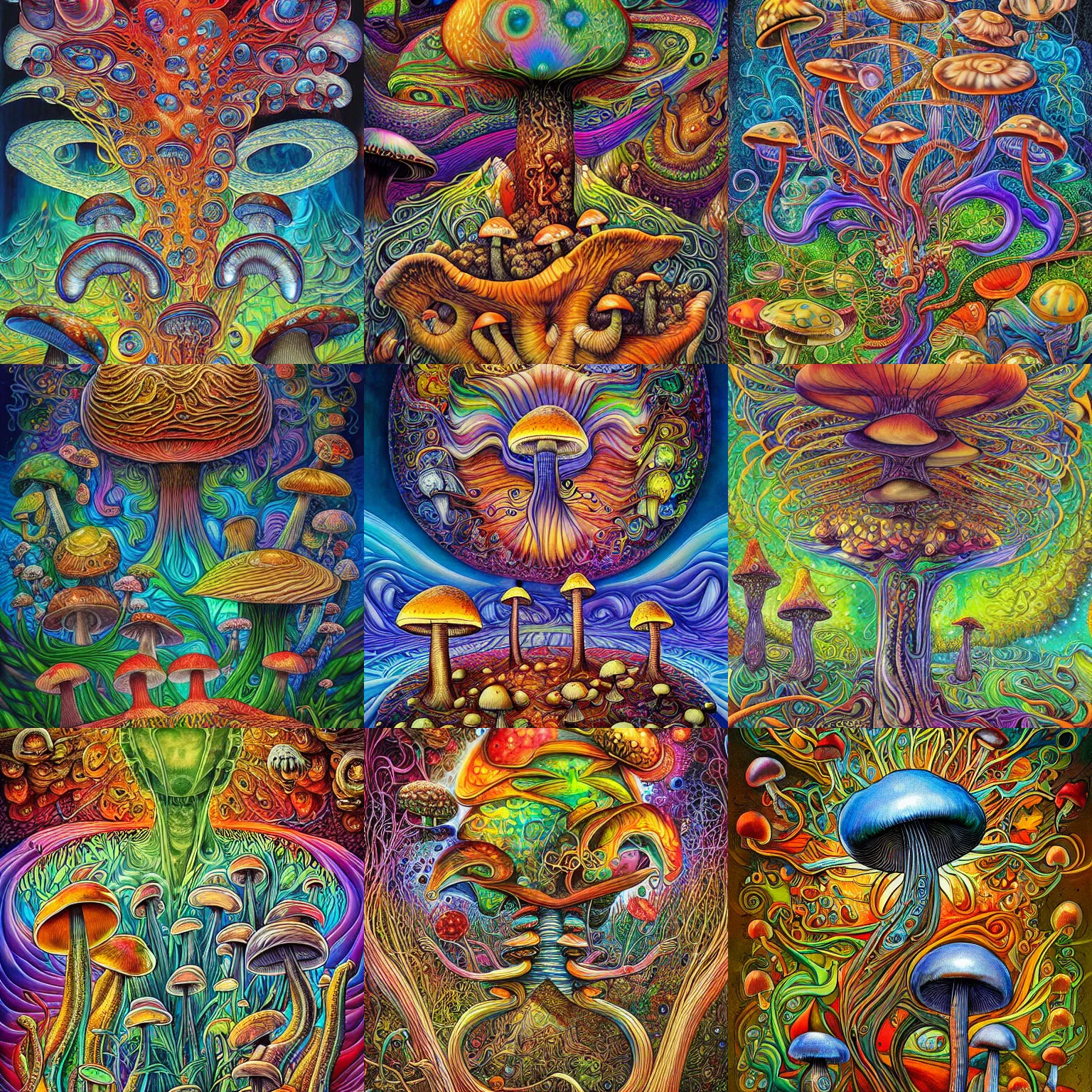 Prompt: mushrooms, a painting by android jones, alex grey, chris dyer, and aaron brooks