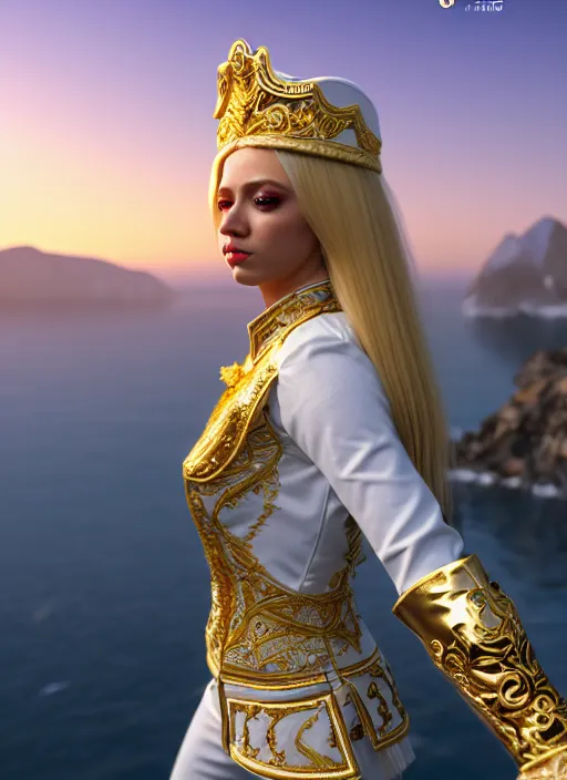 Image similar to a photo of 8 k ultra realistic humanoid princess with long blonde hair, standing next to a beautiful view, ornate white officers outfit with gold embellishments, cinematic lighting, trending on artstation, 4 k, hyperrealistic, focused, extreme details, unreal engine 5, cinematic, masterpiece