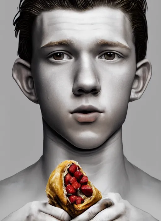 Prompt: a full head photoshot, detailed photograph of skinny young tom holland eating a cannoli, elegant, photorealism ultradetailed digital art, irina french, heraldo ortega, mandy jurgens, golden ratio, art canvas, award winning, masterpiece trending on artstation 8 k 1 5 0 mpx, hasselblade wide shot