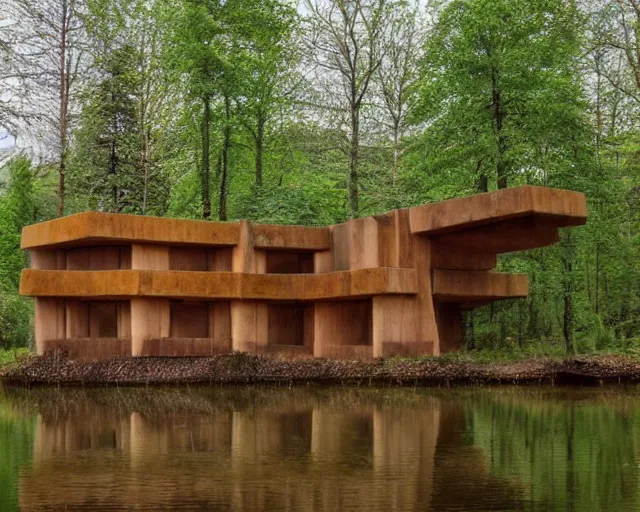 Prompt: pagan brutalist building made of carved wood near a pond and forest, a lot of chimes and calmness