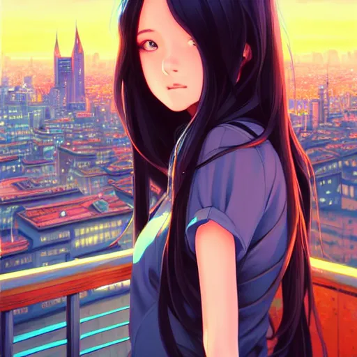 Image similar to a beautiful girl with long dark hair, city background, intricate, highly detailed, digital painting, artstation, official media, anime key visual, concept art, rich vivid colors, ambient lighting, sharp focus, illustration, art by Artgerm, Makoto Shinkai, Ilya Kuvshinov, Lois Van Baarle, and Rossdraws