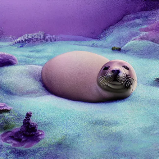 Image similar to Prince in pastel!!!, whimsical acrylic modern pop surrealism, Even Giger-y dark overlords living in the ruins of an ancient system of tunnels and caves like to be comfy every once in a while!, A seal sleeping peacefully in a kelp forest, cinematic, hyper realistic, detailed, 8k, octane render.