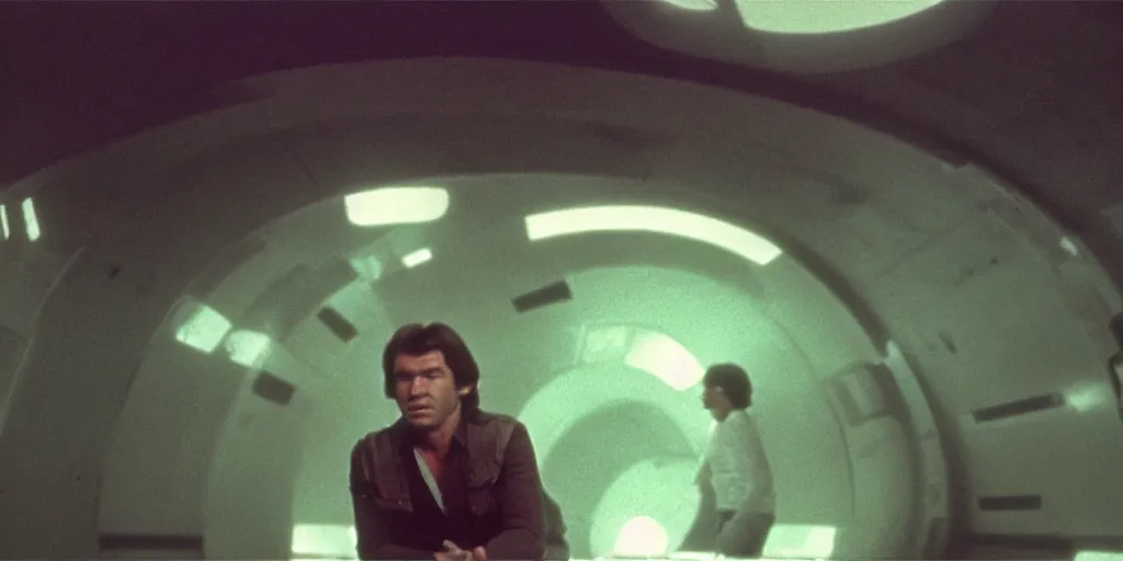 Image similar to screenshot of portrait Han Solo standing in an surreal light green 70s round minimalist architecture, on a planet of maelstrom, chaos, the world without form and void, 1970s film by Stanley Kubrick, iconic scene, HR Geiger design, stunning cinematography, octane render, hyper-detailed, sharp, anamorphic lenses, kodak color, 4k, stunning