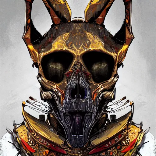 Image similar to a golden jackal skull face african warrior, Apex Legends character digital illustration portrait design, by android jones, detailed, cinematic lighting, wide angle action dynamic portrait