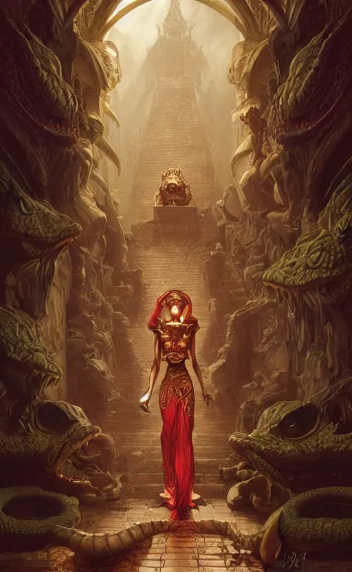 Image similar to crocodile godess in temple entrance, reptilian skin, d & d, fantasy, intricate, elegant, highly detailed, digital painting, artstation, concept art, matte, sharp focus, illustration, art by artgerm and greg rutkowski and alphonse mucha