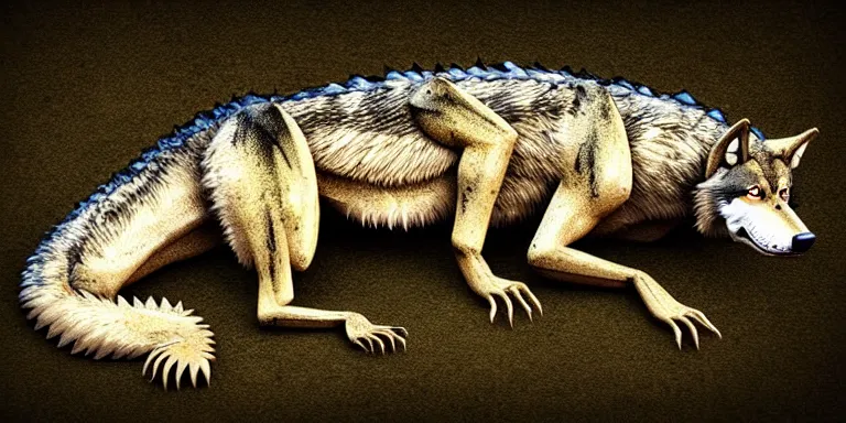 Prompt: chimera made of a wolf and a crocodile, photo of wolf, photo of crocodile, awarded on pixiv, photo realism, realistic wood swamp, professional photoshop artwork