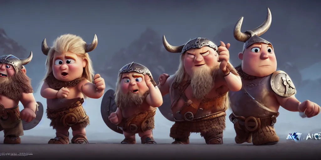 Image similar to adorable vikings, pixar render, brilliant style by Artstation, Artstation Trending, cgsociety, high quality, very coherent, ultra realism, high definition, post processing, unreal engine, 8k, high resolution, octane render, high contrast, 4k UHD, photographic, digital art, artstation,