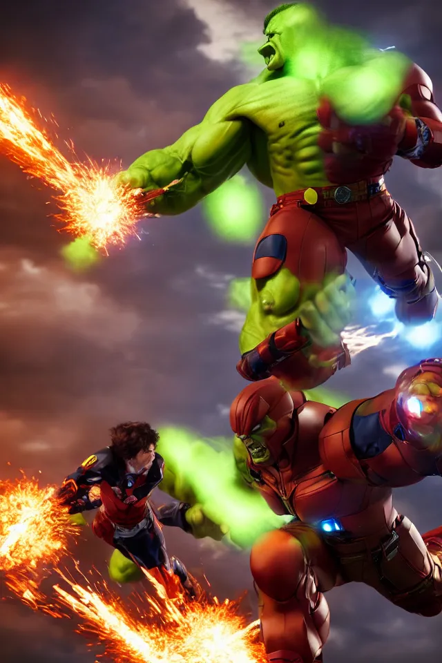 Image similar to The Hulk Buster Battles The X-Men, Action Shot, 8K, octane render, HDR, volumetric lighting, Anime Style