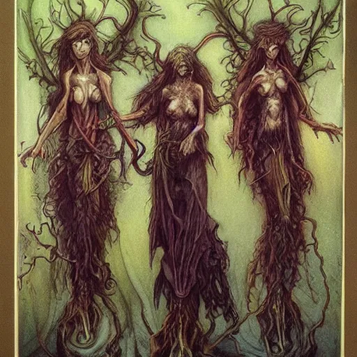 Image similar to a monsterous scary inhuman group of fully clothed fae with animalistic features by brian froud with art nouveau influence