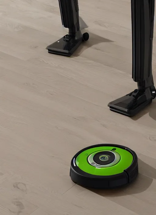 Prompt: A robot roomba standing on its own mechanical limbs, professional 3D render, studio quality, octane render