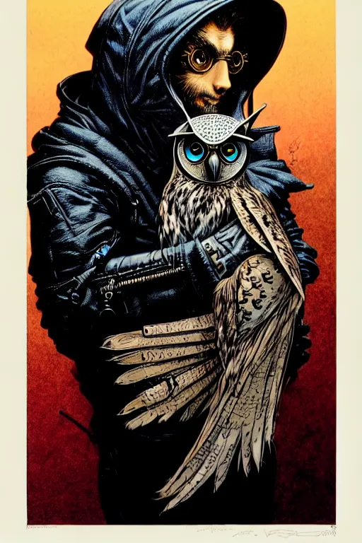 Image similar to side view of a hooded steampunk alchemist wizard holding his majestic owl on glove, high details, bold line art, by vincent di fate and joe fenton, inking, etching, screen print, masterpiece, trending on artstation, sharp, high contrast, hyper - detailed,, hd, 4 k, 8 k