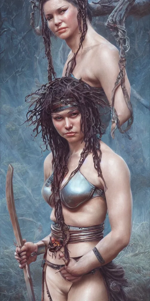 Image similar to beautiful warrior princess covered in sweat by gerald brom, photo realistic, 4 k,
