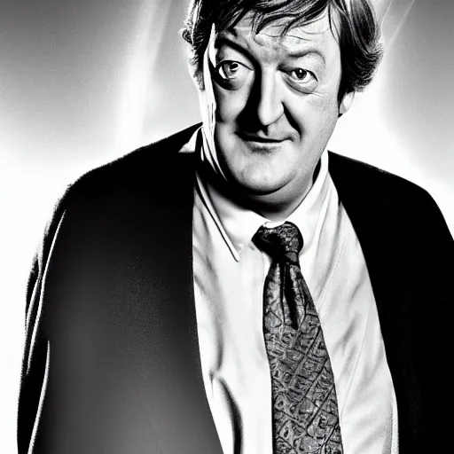 Prompt: stephen fry as doctor who, bbc promotional artwork, mid range shot