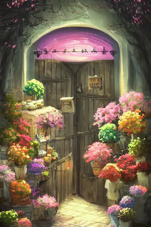 Image similar to a little flower shop's front gate, refreshing, digital illustration, dramatic lighting, pixiv