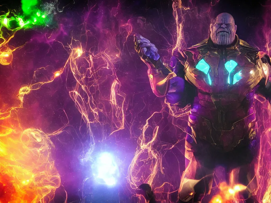 Image similar to photo of Thanos is djing at an underground warehouse rave, he is looking stressed because he is bombing badly. award winning, atmosphere, coloured lasers and stage lighting, stage smoke, 1x