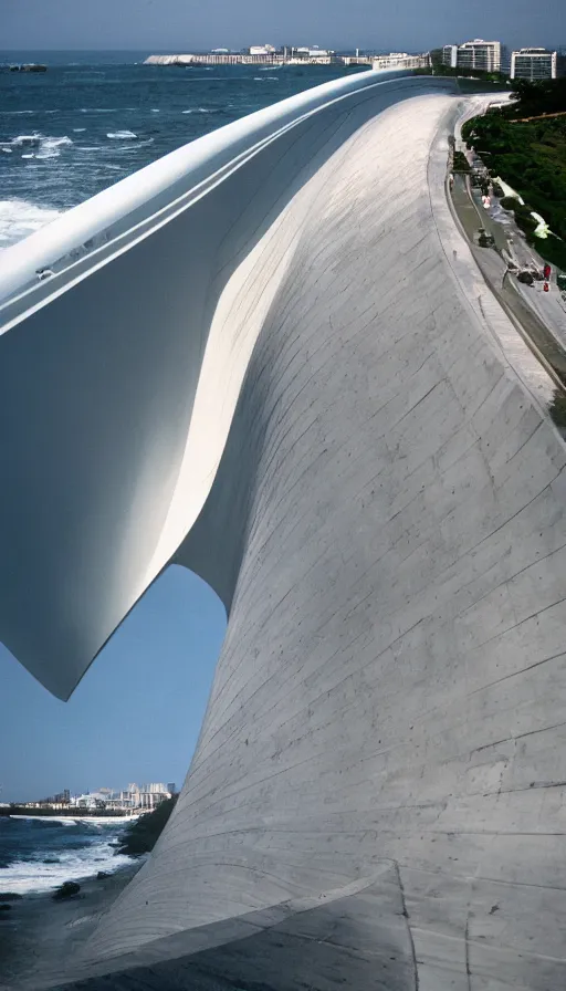 Prompt: color pentax photograph of a massive, pristine zaha hadid seawall. wide angle. very epic!