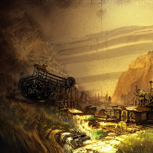 Prompt: panoramic steampunk landscape concept art dynamic illumination n 4