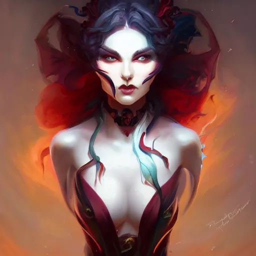 Prompt: portrait of the beautiful face a demoness with pale skin and red eyes and long dark hair by pete mohrbacher and artgerm and wlop, digital art, unreal engine 5, 4K UHD image