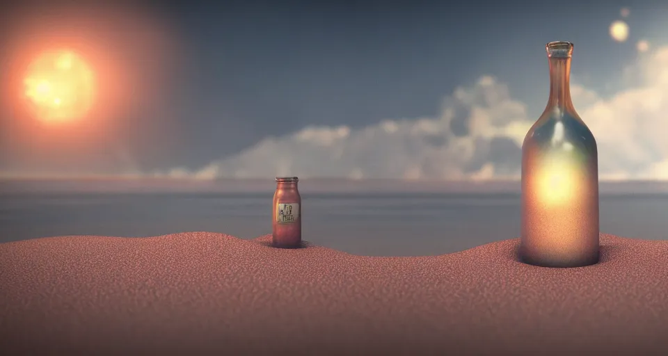 Image similar to the universe inside of a bottle on the beach, octane render, hyper detailed, cinematic composition, cinematic