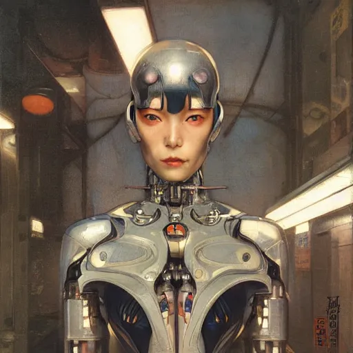 Image similar to cyborg woman in tokyo,, by Edgar Maxence and Ross Tran and Michael Whelan and Gustav Klimpt