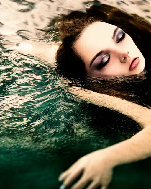 Image similar to a closeup portrait of as beautiful young woman floating under water with a very emotional look, strong single top lighting, moody feel, dramatic