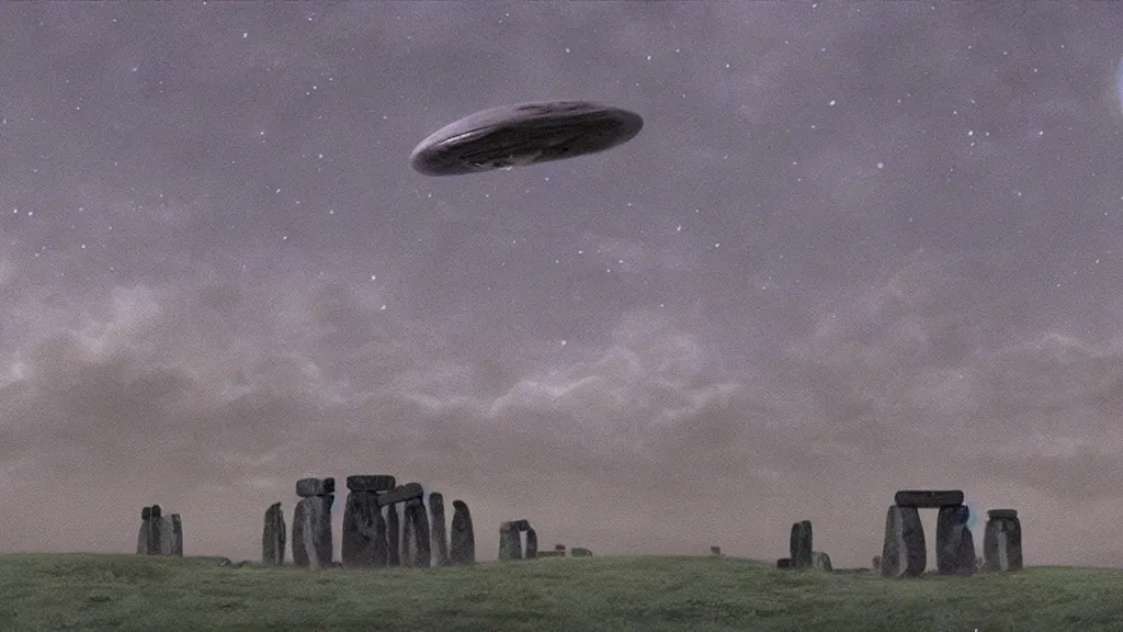 Prompt: a cell shaded cartoon movie still from princess mononoke ( 1 9 9 7 ) showing a giant ufo from independence day ( 1 9 9 6 ) over stonehenge. on a misty and starry night. very dull muted colors, hd, 4 k, hq