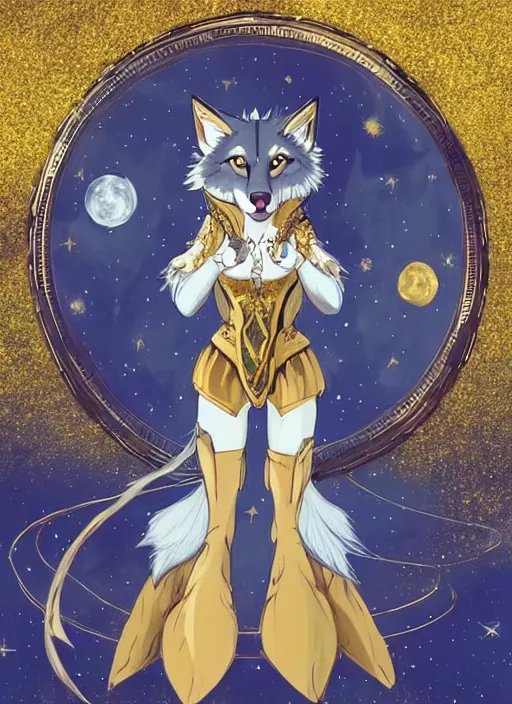 Image similar to commissioned full body portrait of a female anthro wolf princess fursona with a wolf head and white hair wearing a blue and gold Japanese armored dress in a white and gold palace on a starry night with a large crescent moon, by a professional manga illustrator, by Kilian Eng, by Sandra Chevrier, trending on artstation