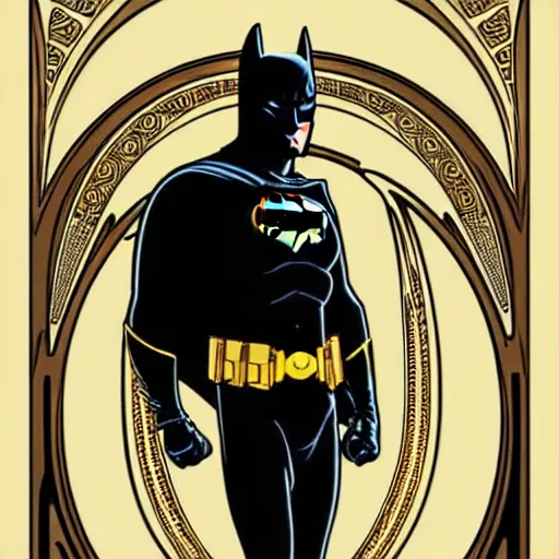 Prompt: batman, intricate, elegant, highly detailed, gold linework digital painting, smooth, sharp focus, illustration, art by alphonse mucha