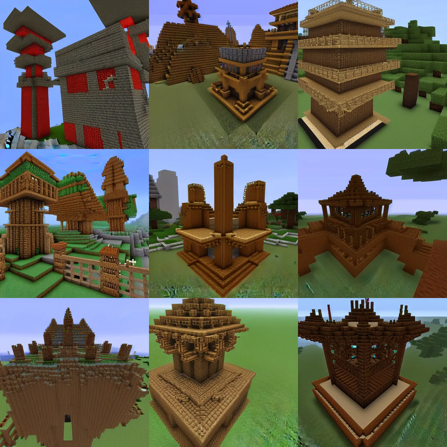 Prompt: Minecraft watchtower builds, screenshot of medieval oriental tower designs in Minecraft