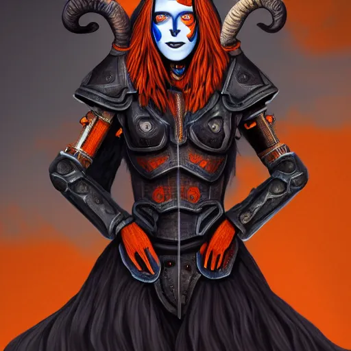 Image similar to illustrated portrait of skinny prominently ram-horned woman with solid black eyes orange skin and blue hair wearing leather armor, hyper detailed, photorealistic