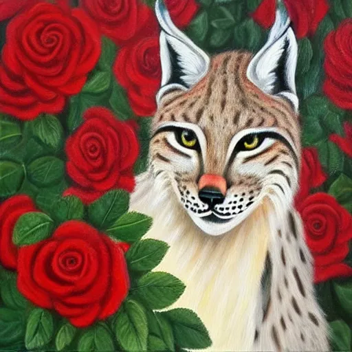 Prompt: an expressive oil painting of a lynx waring a crown!! made out of roses, crown of roses, roses in the shape of a hat, high quality art,