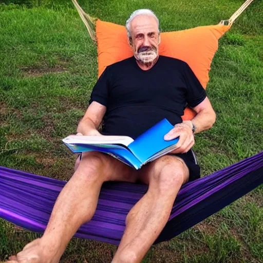 Prompt: my older italian wise friend on a hammock, reading new book, gravity is strong, he is very relaxed, muscular legs, bouncy belly, mountains in a background