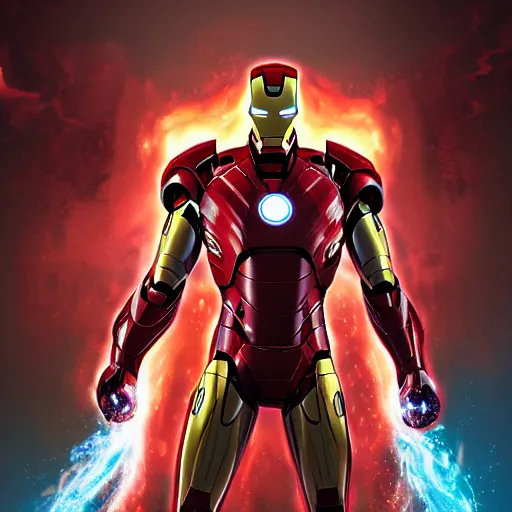 Image similar to a portrait of iron man on in his biggest form fighting the underworld monsters the background is all fire the monsters are human form digital art