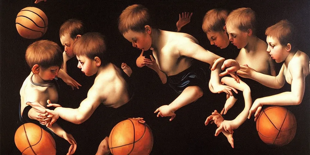 Prompt: beautifully detailed baroque oil painting of kids in the 90s playing basketball by caravaggio