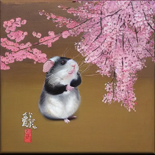 Prompt: “ a naturalistic painting, of a hamster in shogun armor, with sakura blossoms in the background, oil on canvas, a 4 canvas ”