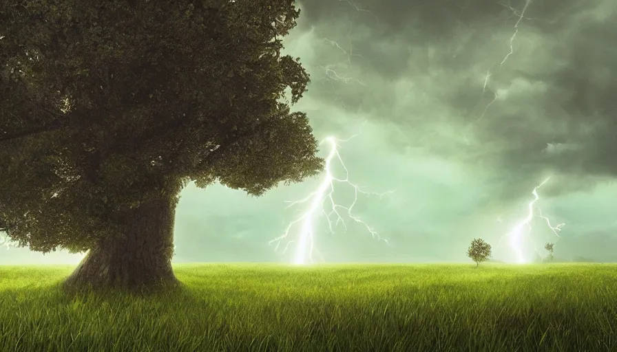 Image similar to Lightning strike a tree in a middle of a green field during a storm, hyperdetailed, artstation, cgsociety, 8k