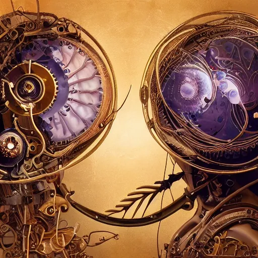 Image similar to a beautiful intricate fine art portrait photo of a mechanical industrial steampunk cybernetic yin yang symbol, overgrown with morning glory flowers, Montserrat leaves by tom bagshaw and zach sutton, golden ratio composition, studio lighting, 50mm lens, very detailed, bionic, cybernetic scifi, deep depth of field, artstation, 8K, highly coherent