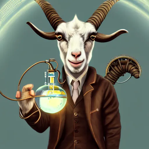 Prompt: a goat who is a mad scientist, wearing a lab coat, inventing a time machine, steampunk style, digital art, trending on artstation and unreal engine, deviantart, smooth, hyper detailed