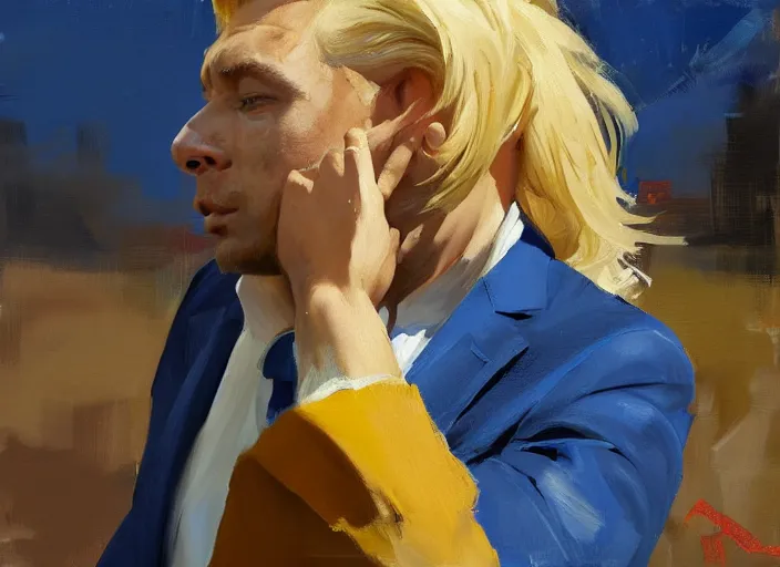 Prompt: greg manchess portrait of a defeated blond man in a blue suit on the ground in an arena, profile picture, organic painting, sunny day, matte painting, bold shapes, hard edges, street art, trending on artstation, by huang guangjian, gil elvgren, ruan jia, randy vargas, greg rutkowski