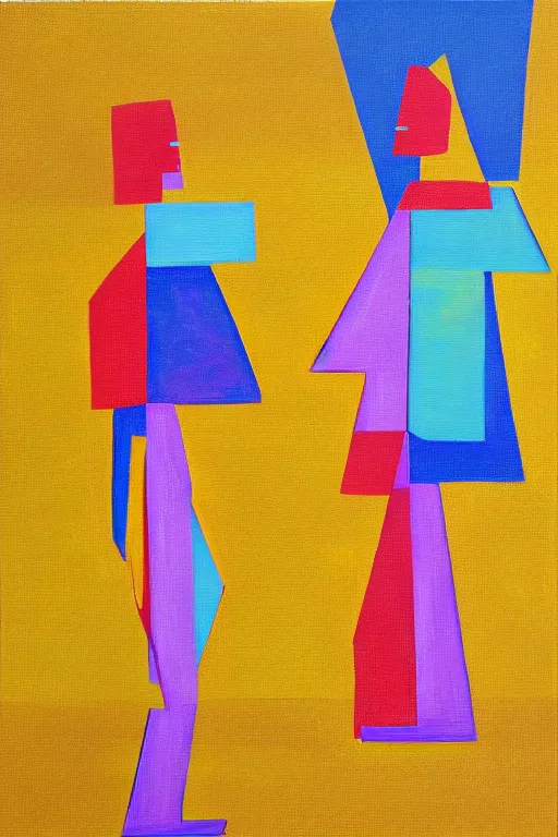 Prompt: neo cubistic painting of two tall figures, sandy yellow colors, in the style of Jessalyn Brooks