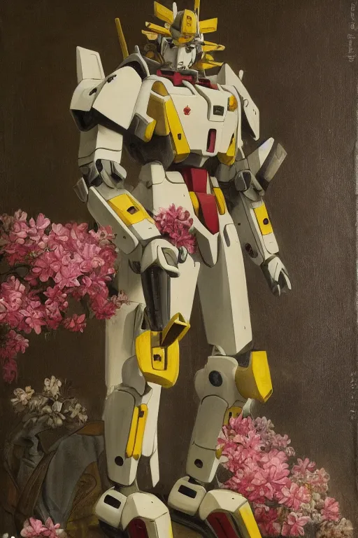 Prompt: a elegant gundam robot with fluo color detail, and muted arm colors, on top of dutch master painting of flowers