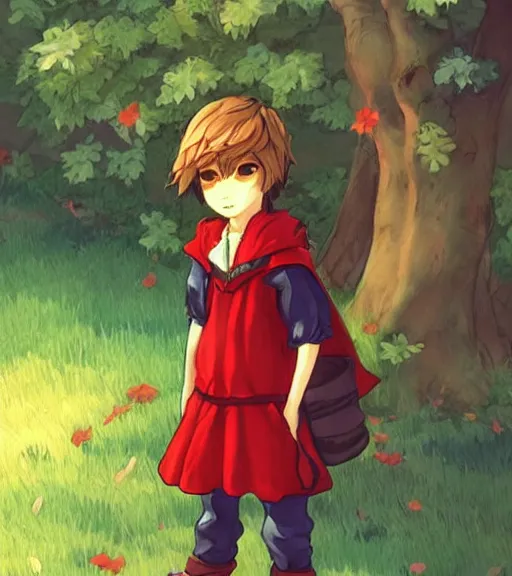 Prompt: attractive little boy character inspired in little red riding hood and kris from deltarune, digital artwork made by akihiko yoshida and makoto shinkai