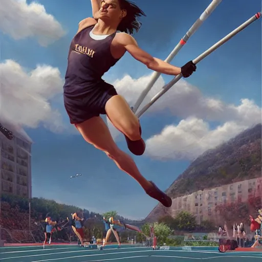 Image similar to Mariska Hargitay pole vaulting at a track and field event by Stanley Artgerm Lau, WLOP, Rossdraws, Frank Frazetta, Andrei Riabovitchev, Marc Simonetti, trending on artstation.