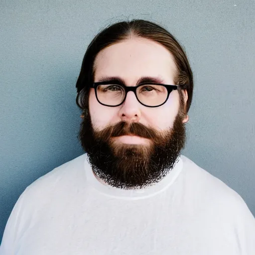 Prompt: overweight bearded brown haired man with manbun and glasses
